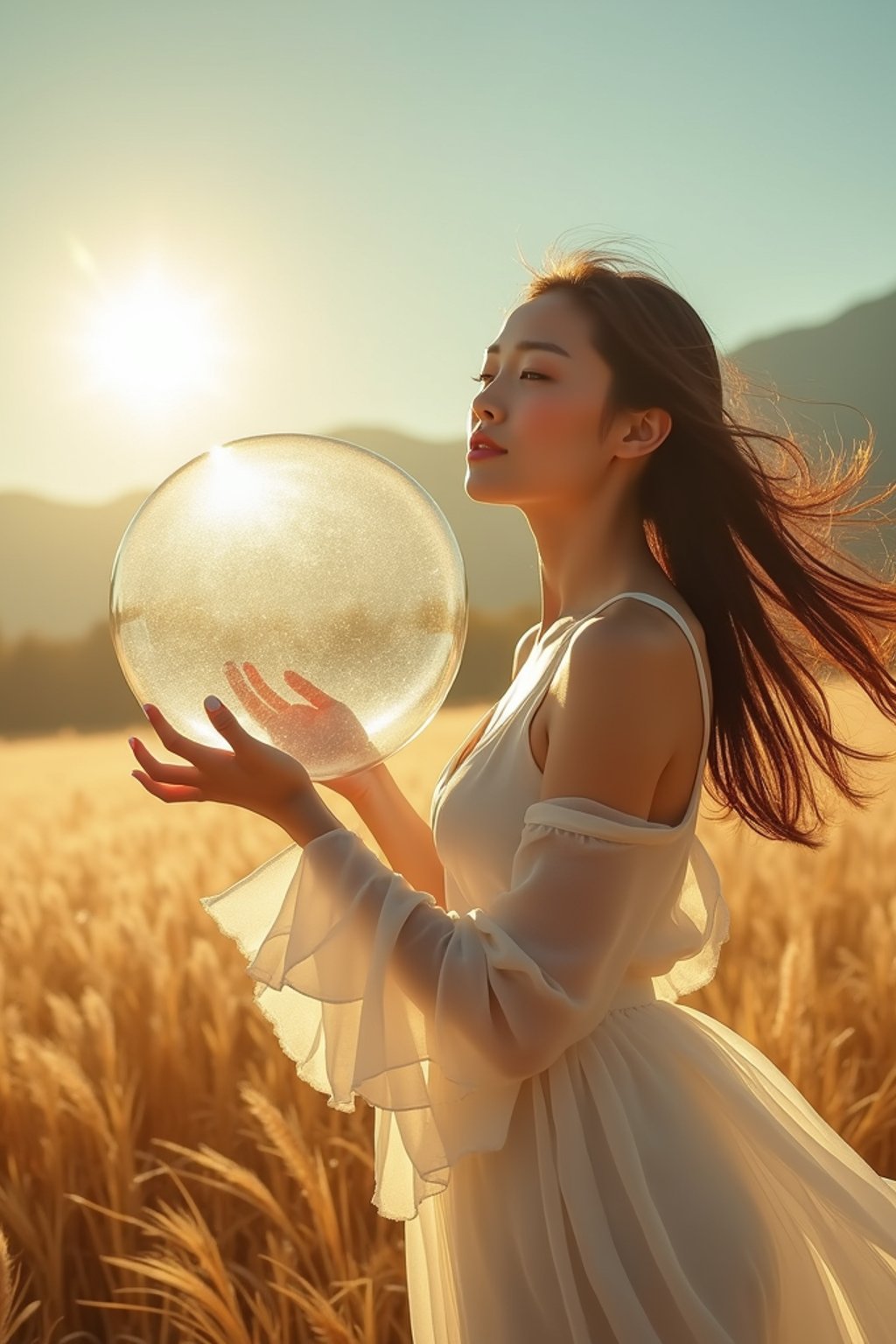 woman holding a giant soap bubble in a sunlit field