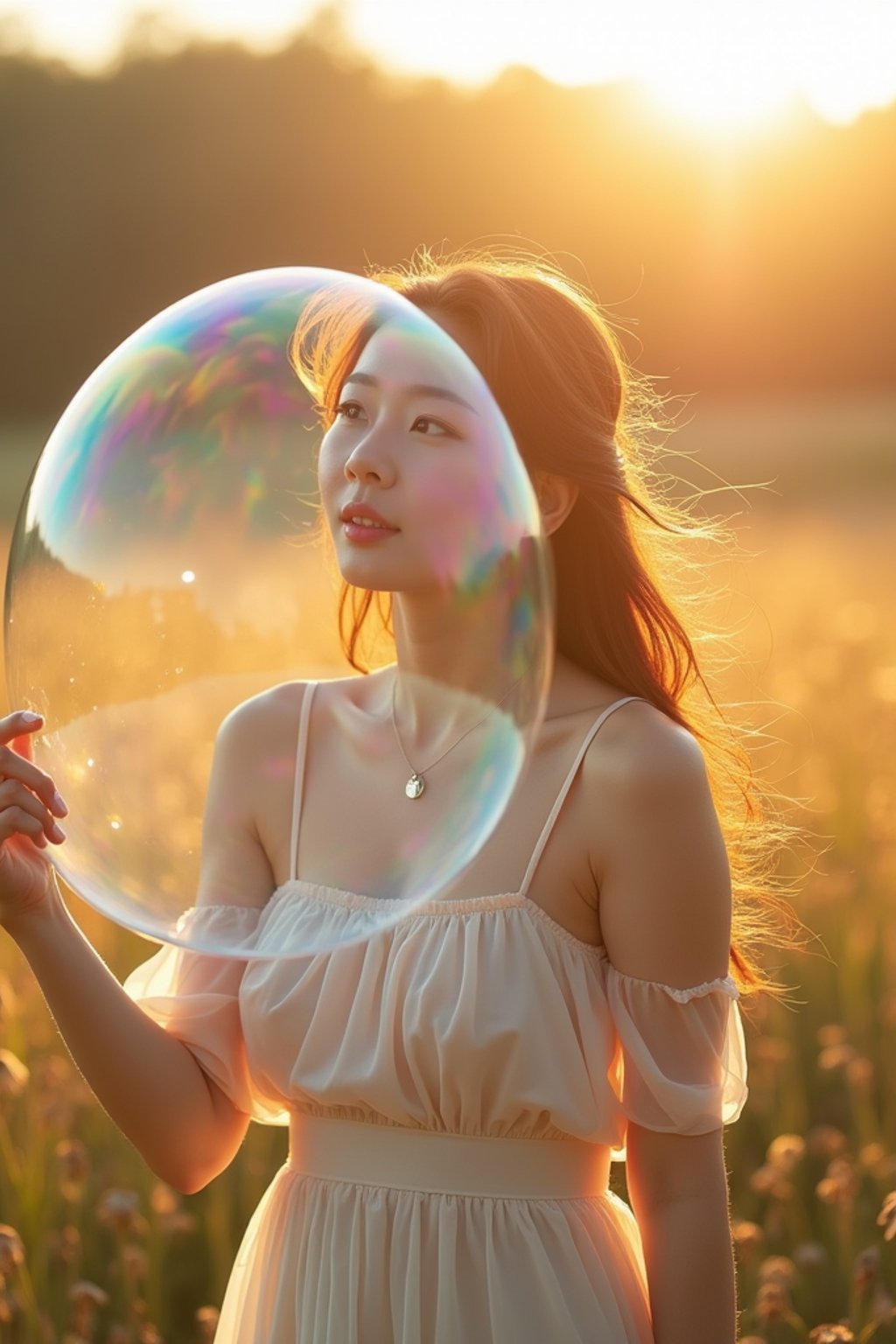 woman holding a giant soap bubble in a sunlit field