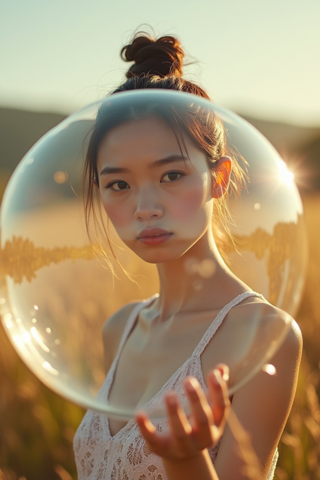 woman holding a giant soap bubble in a sunlit field