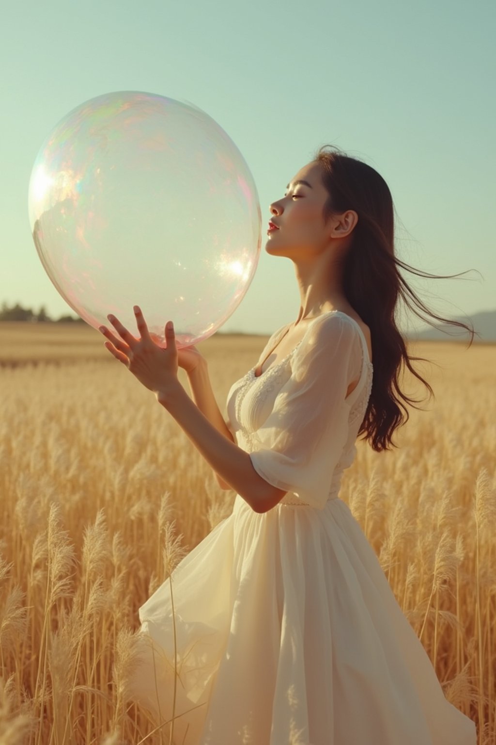 woman holding a giant soap bubble in a sunlit field