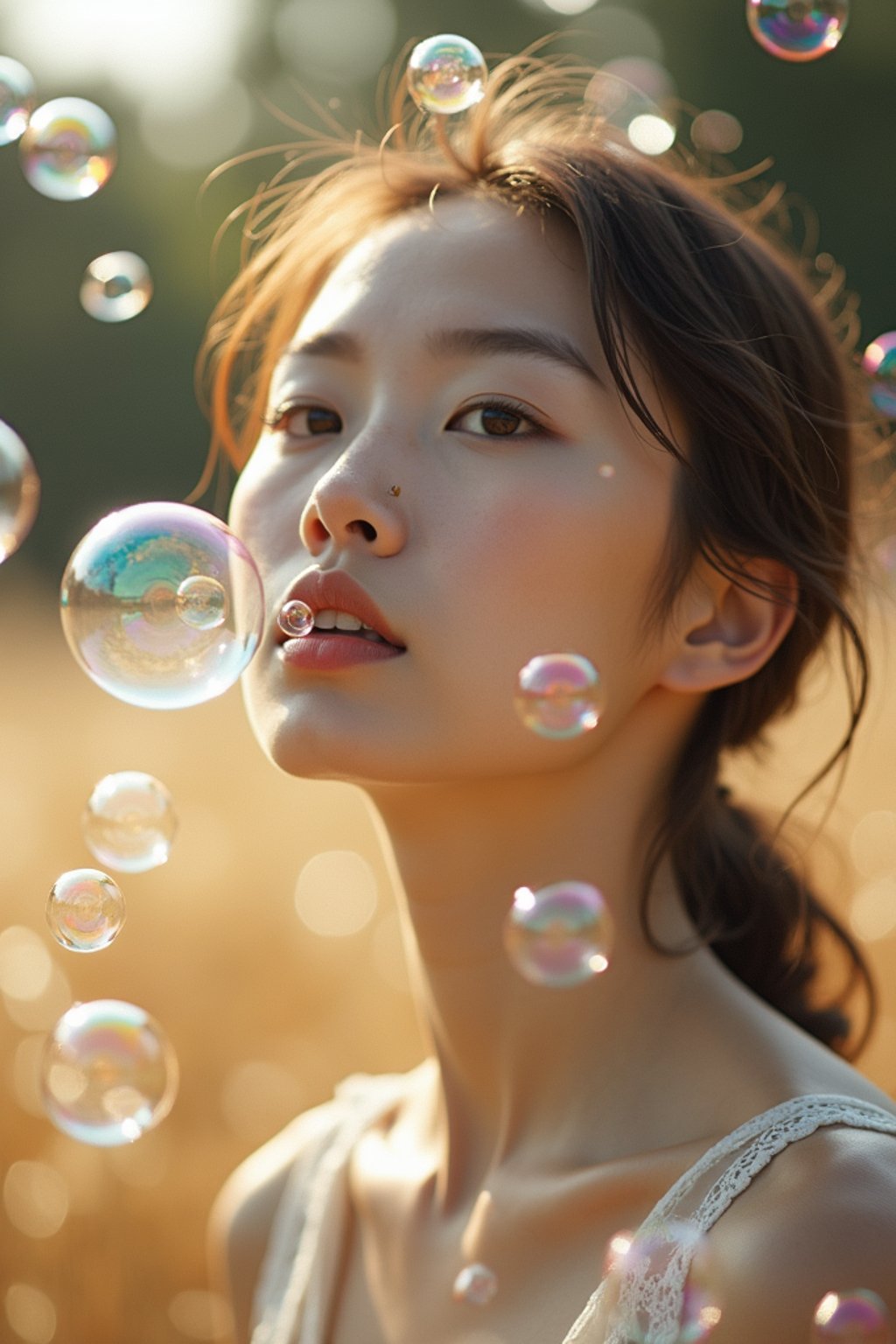 woman blowing bubbles. all around her are floating bubbles. many bubbles floating. the bubbles reflect her face. she stands in a sunlit field.