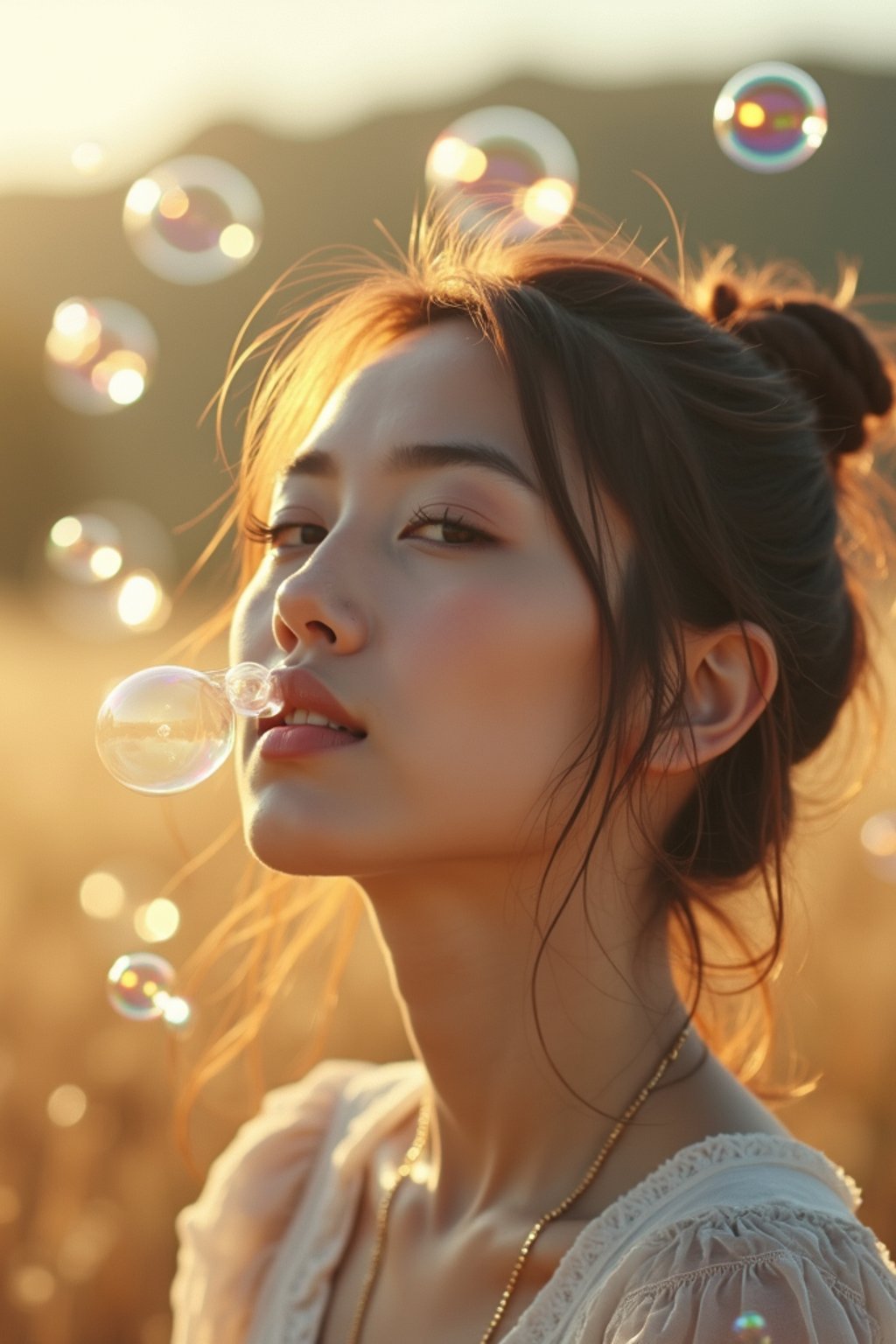 woman blowing bubbles. all around her are floating bubbles. many bubbles floating. the bubbles reflect her face. she stands in a sunlit field.