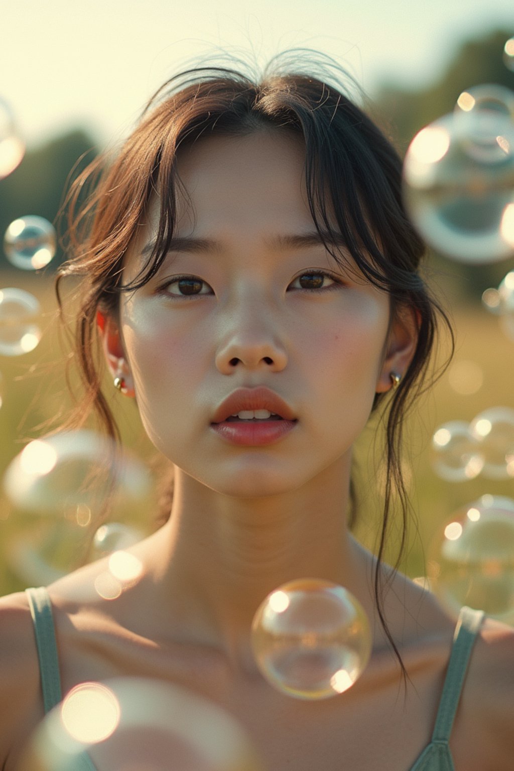 woman blowing bubbles. all around her are floating bubbles. many bubbles floating. the bubbles reflect her face. she stands in a sunlit field.