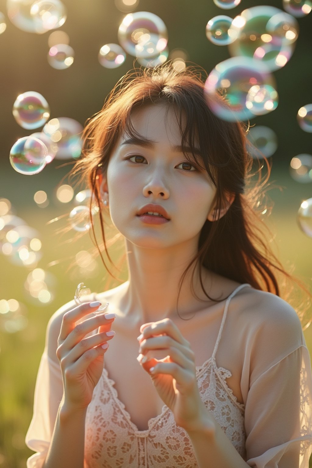 woman blowing bubbles. all around her are floating bubbles. many bubbles floating. the bubbles reflect her face. she stands in a sunlit field.