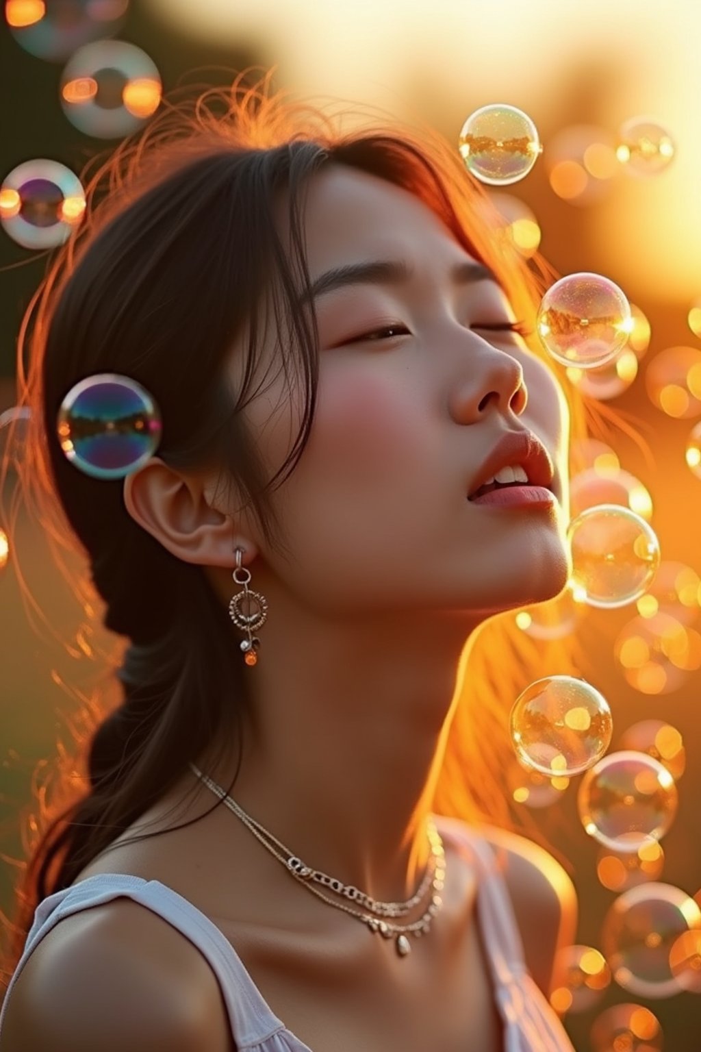 woman blowing bubbles. all around her are floating bubbles. many bubbles floating. the bubbles reflect her face. it is golden hour at sunset.