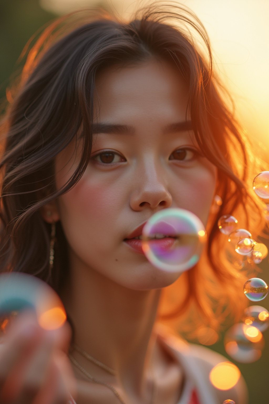 woman blowing bubbles. all around her are floating bubbles. many bubbles floating. the bubbles reflect her face. it is golden hour at sunset.