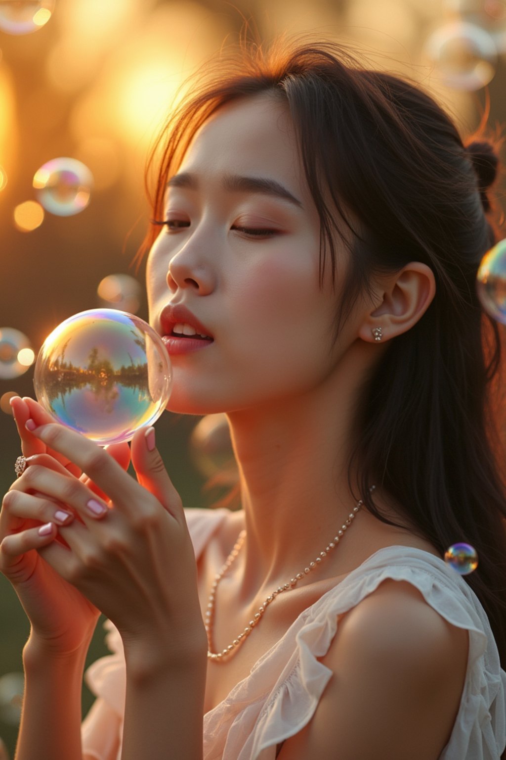 woman blowing bubbles. all around her are floating bubbles. many bubbles floating. the bubbles reflect her face. it is golden hour at sunset.