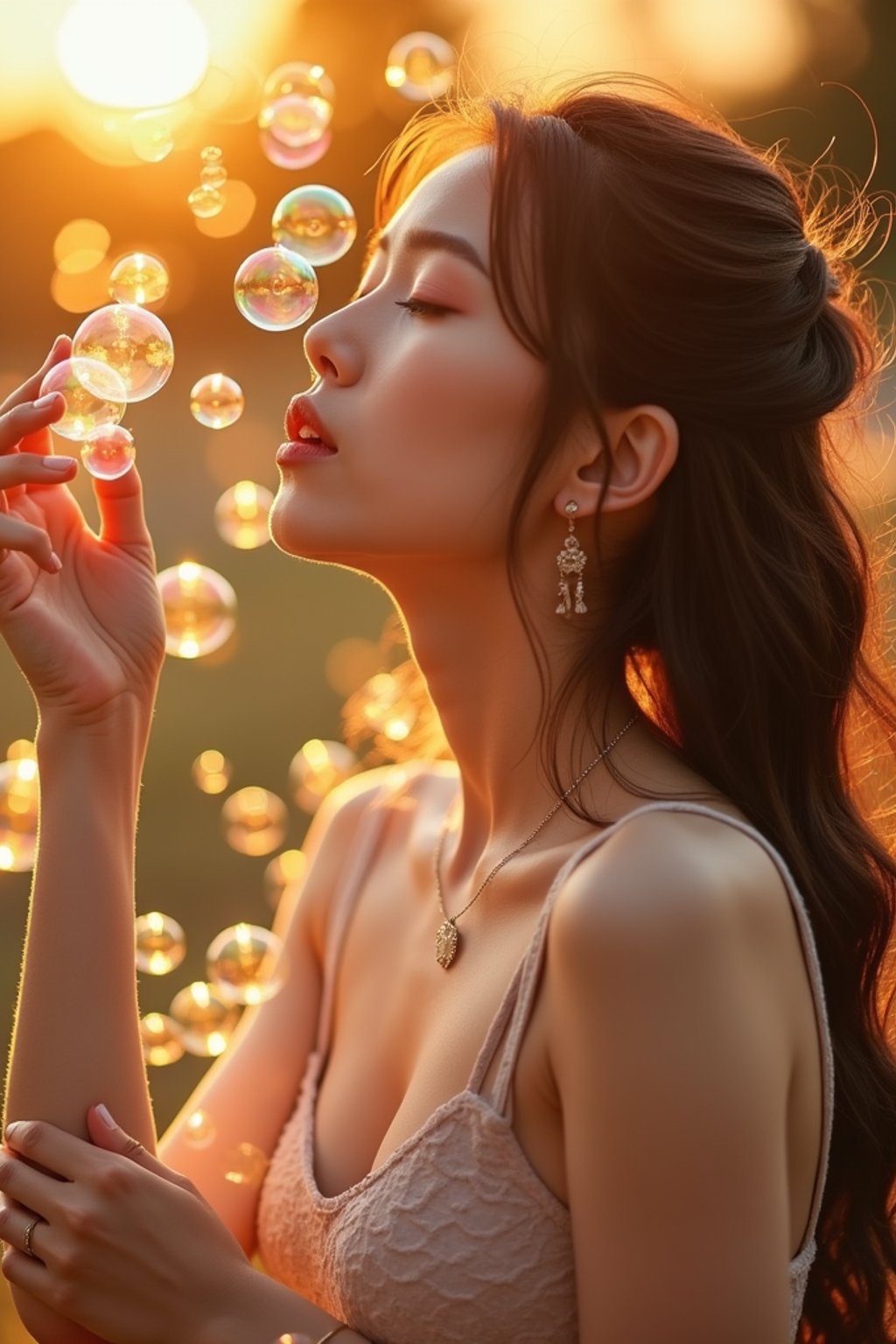 woman blowing bubbles. all around her are floating bubbles. many bubbles floating. the bubbles reflect her face. it is golden hour at sunset.