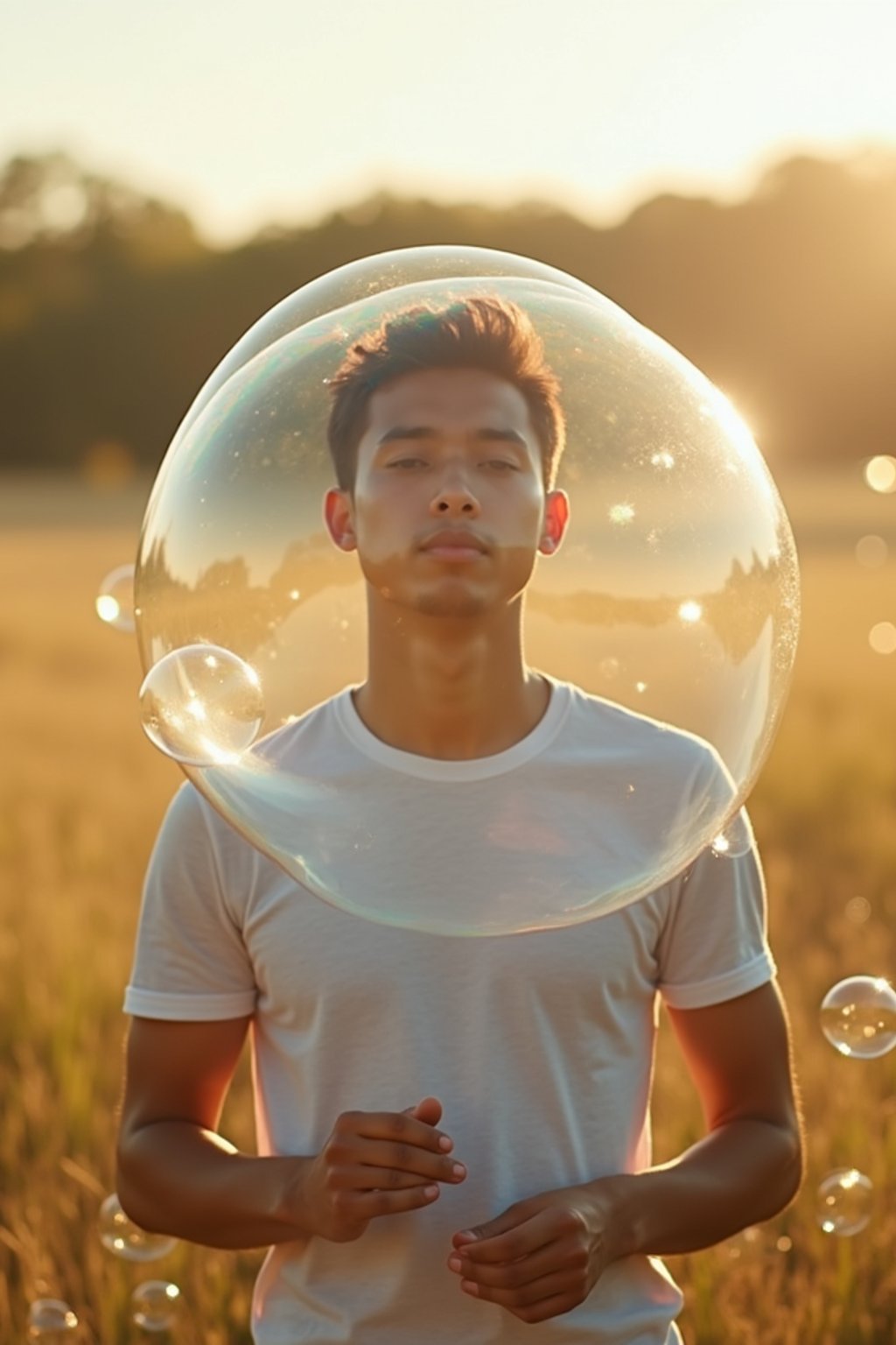 man holding a giant soap bubble in a sunlit field