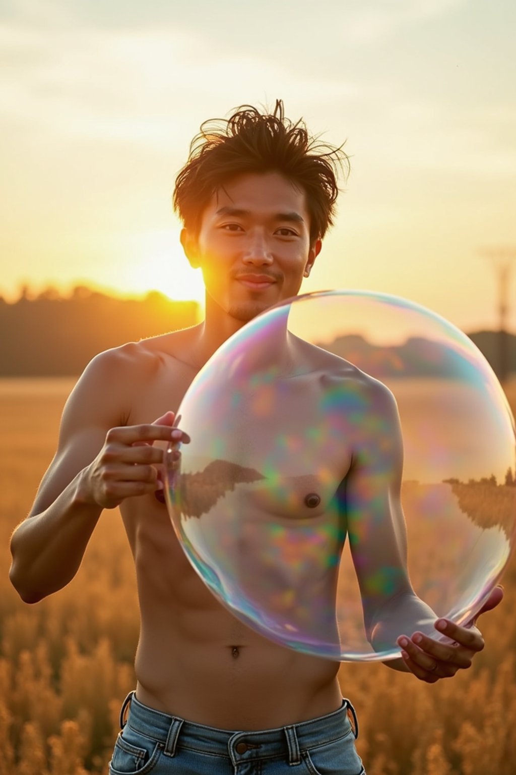 man holding a giant soap bubble in a sunlit field