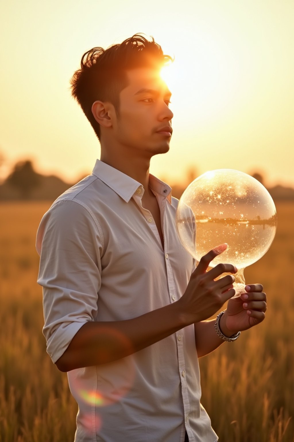 man holding a giant soap bubble in a sunlit field