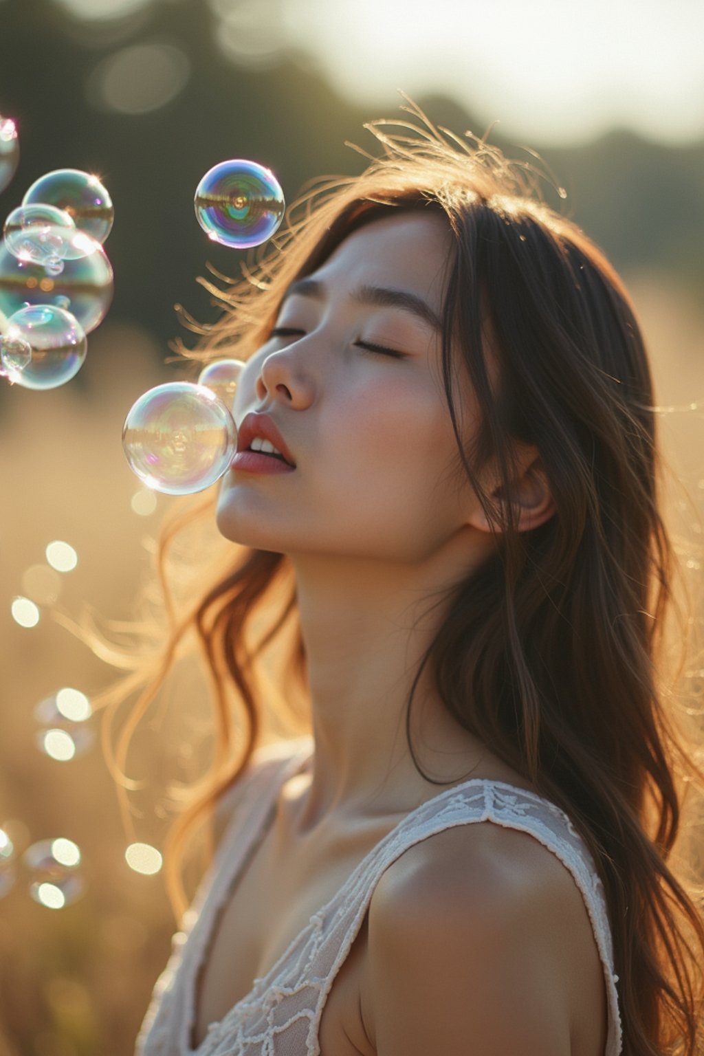 man blowing bubbles. all around her are floating bubbles. many bubbles floating. the bubbles reflect her face. she stands in a sunlit field.