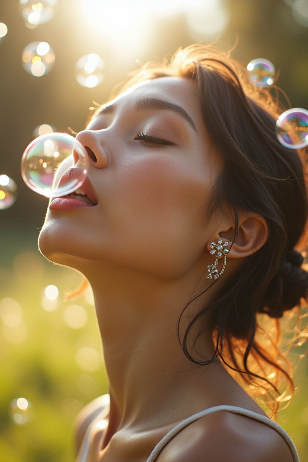 man blowing bubbles. all around her are floating bubbles. many bubbles floating. the bubbles reflect her face. she stands in a sunlit field.