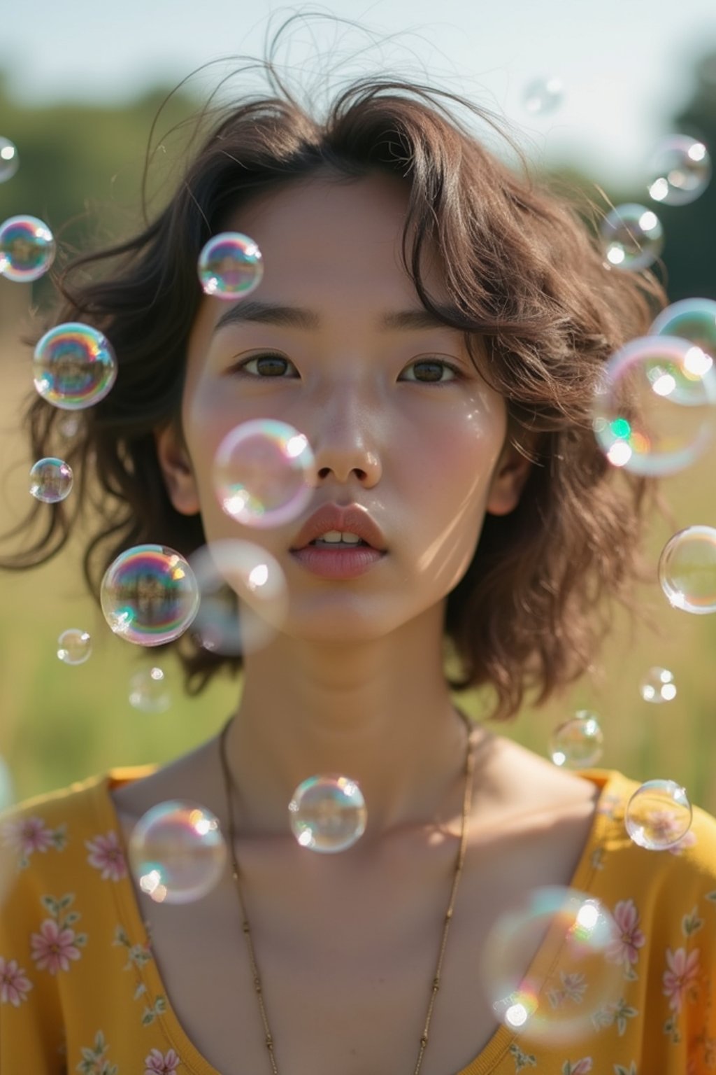 man blowing bubbles. all around her are floating bubbles. many bubbles floating. the bubbles reflect her face. she stands in a sunlit field.