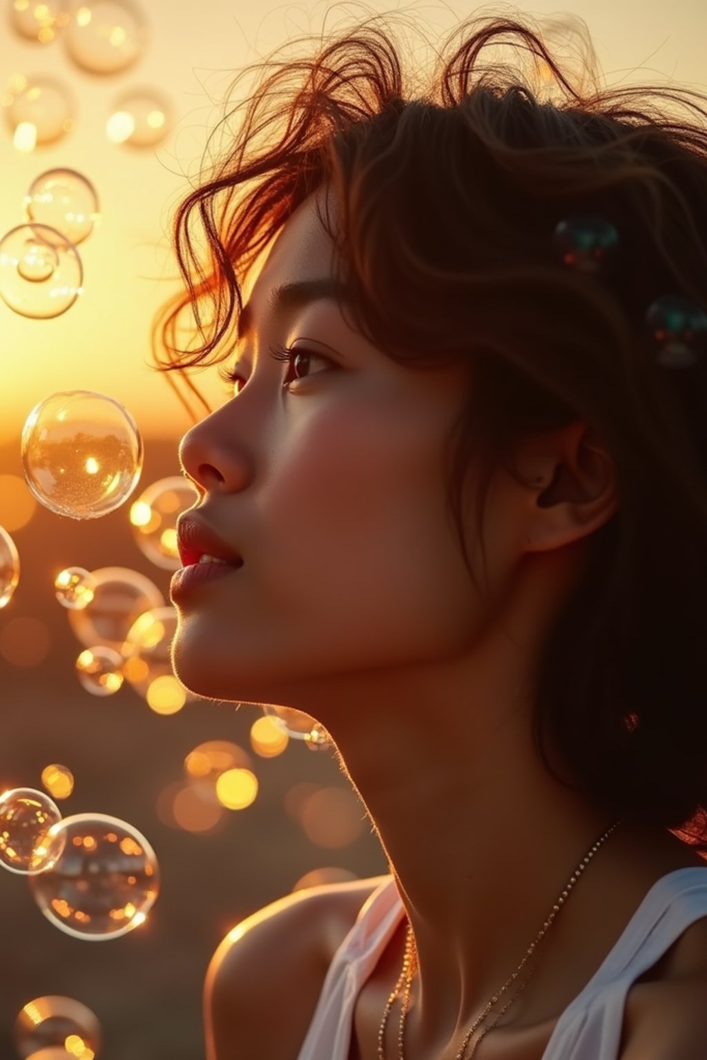 man blowing bubbles. all around her are floating bubbles. many bubbles floating. the bubbles reflect her face. it is golden hour at sunset.