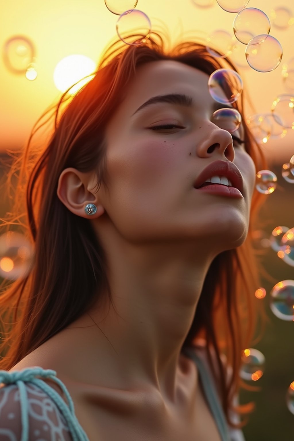 man blowing bubbles. all around her are floating bubbles. many bubbles floating. the bubbles reflect her face. it is golden hour at sunset.