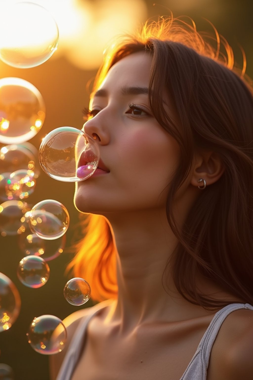 man blowing bubbles. all around her are floating bubbles. many bubbles floating. the bubbles reflect her face. it is golden hour at sunset.