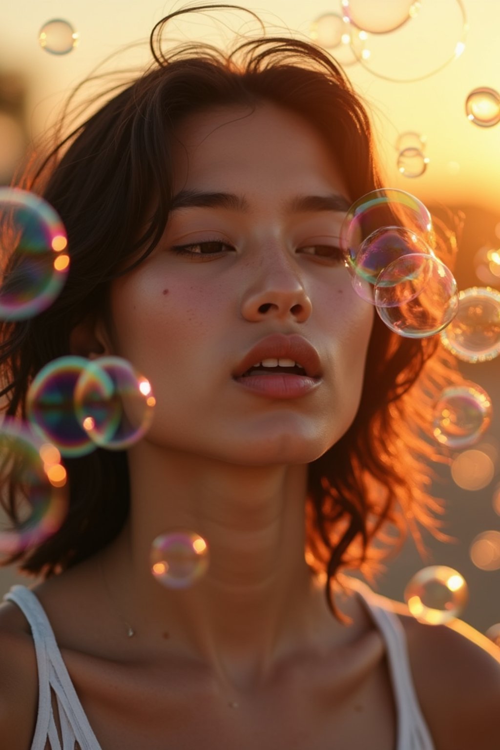 man blowing bubbles. all around her are floating bubbles. many bubbles floating. the bubbles reflect her face. it is golden hour at sunset.