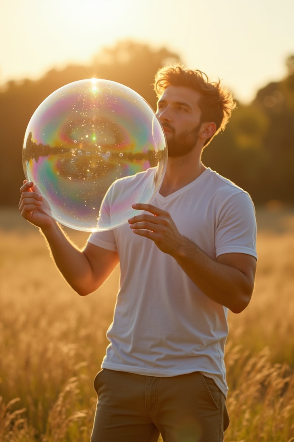 man holding a giant soap bubble in a sunlit field