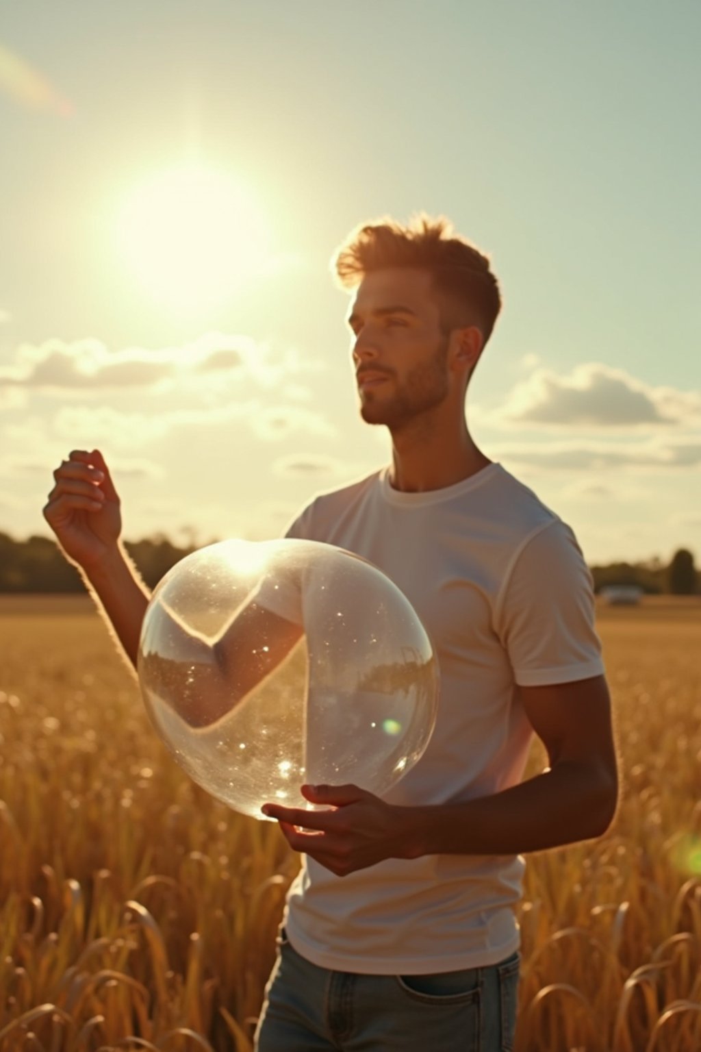 man holding a giant soap bubble in a sunlit field