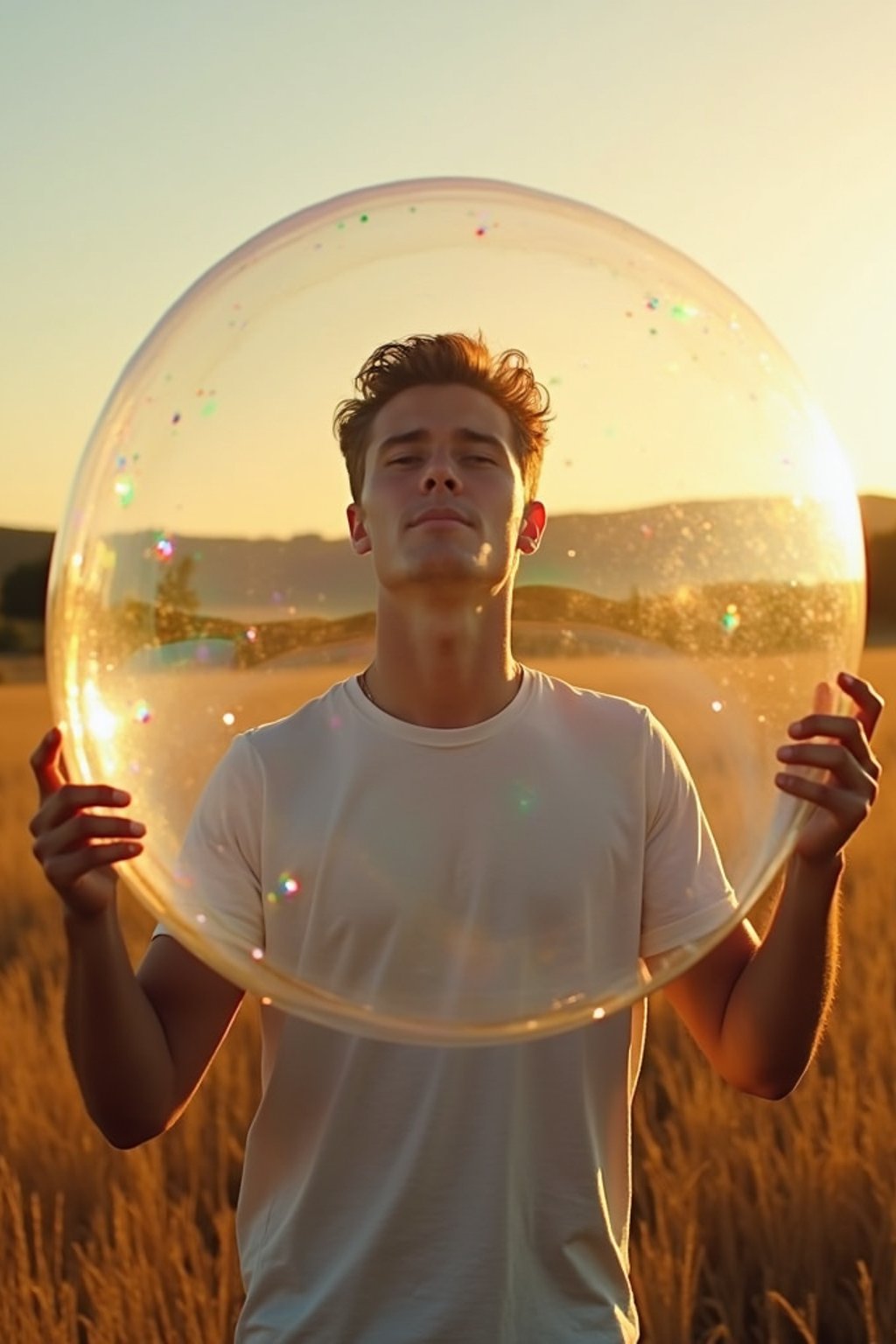 man holding a giant soap bubble in a sunlit field