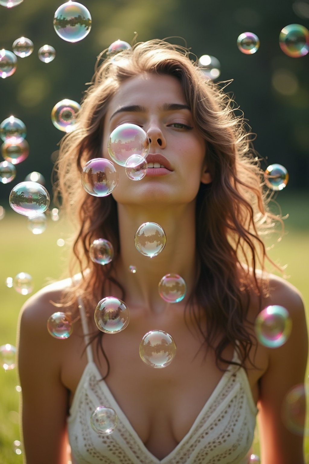 man blowing bubbles. all around her are floating bubbles. many bubbles floating. the bubbles reflect her face. she stands in a sunlit field.