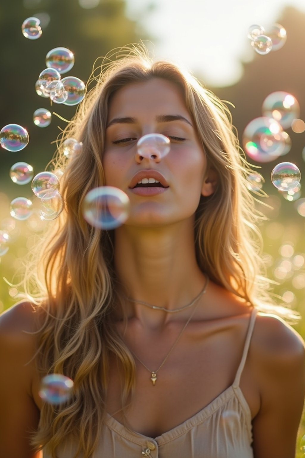 man blowing bubbles. all around her are floating bubbles. many bubbles floating. the bubbles reflect her face. she stands in a sunlit field.