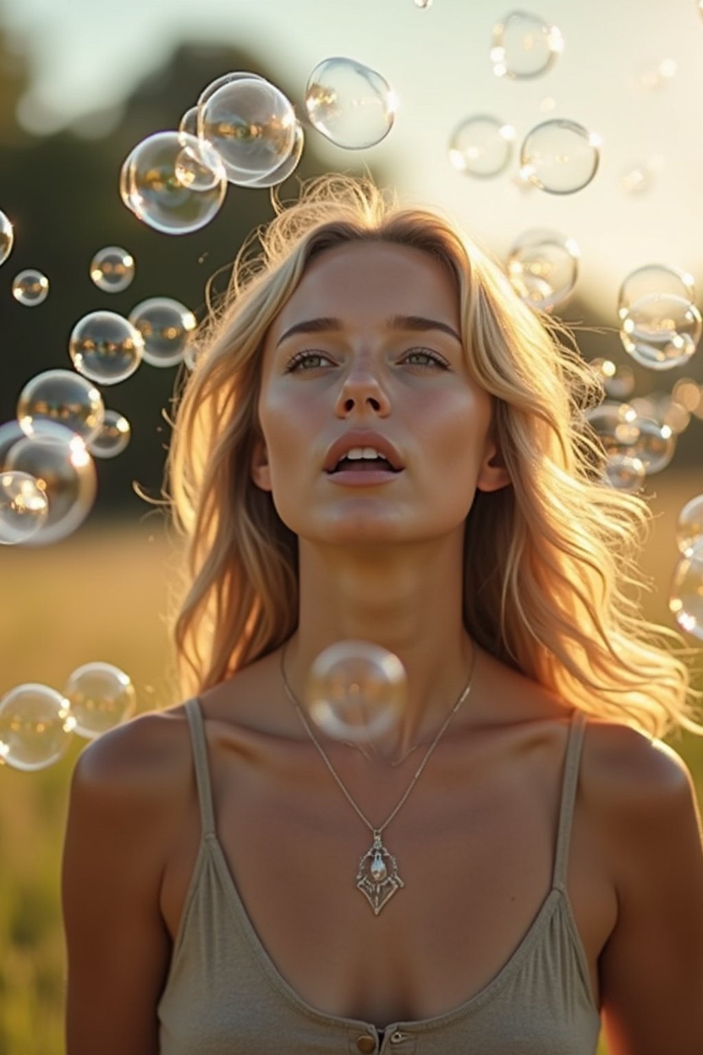 man blowing bubbles. all around her are floating bubbles. many bubbles floating. the bubbles reflect her face. she stands in a sunlit field.