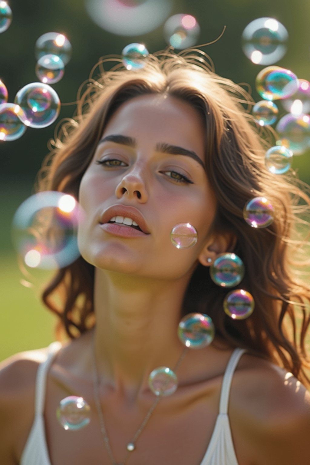 man blowing bubbles. all around her are floating bubbles. many bubbles floating. the bubbles reflect her face. she stands in a sunlit field.