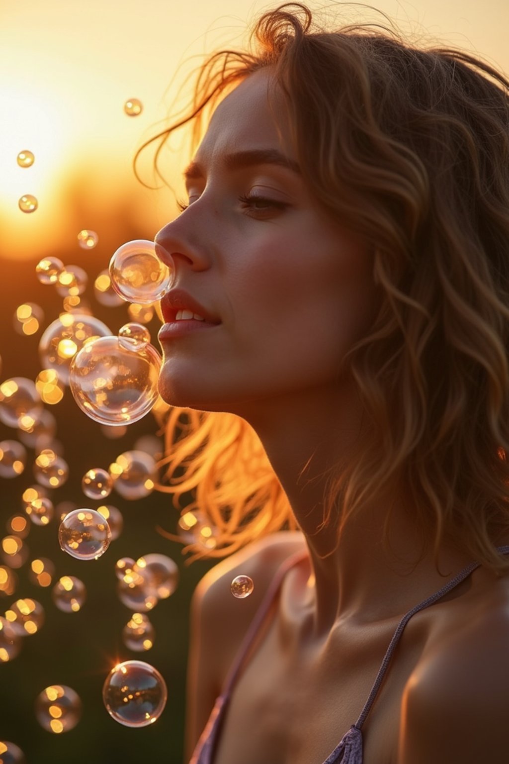 man blowing bubbles. all around her are floating bubbles. many bubbles floating. the bubbles reflect her face. it is golden hour at sunset.