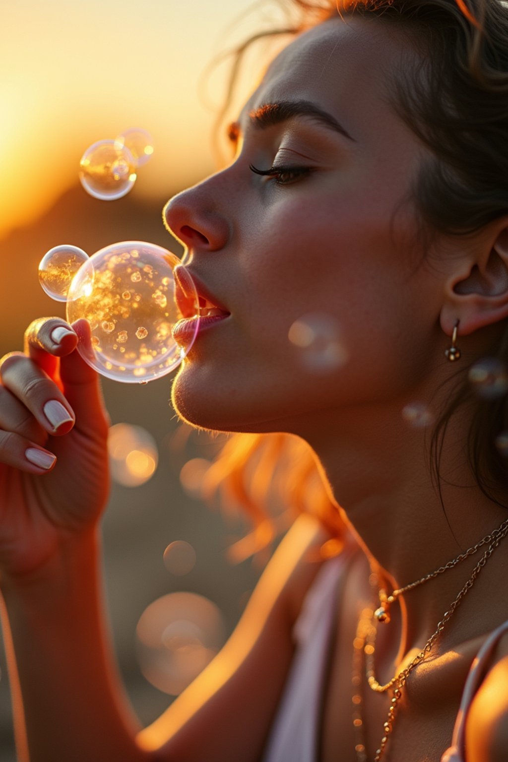 man blowing bubbles. all around her are floating bubbles. many bubbles floating. the bubbles reflect her face. it is golden hour at sunset.