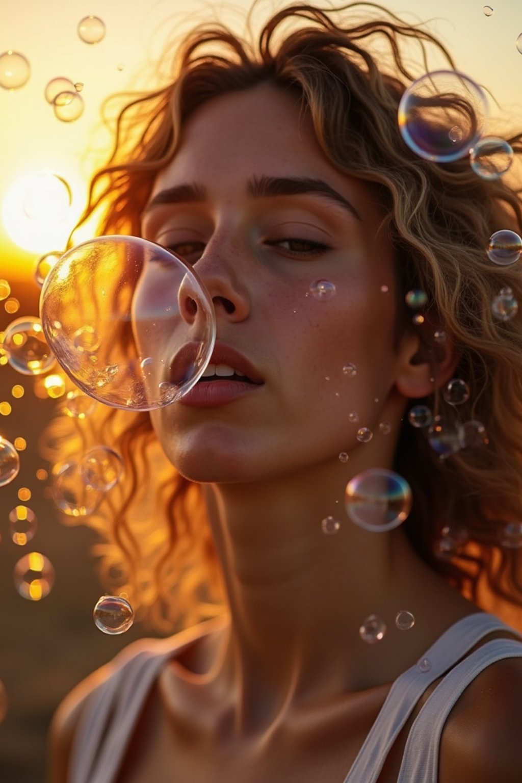 man blowing bubbles. all around her are floating bubbles. many bubbles floating. the bubbles reflect her face. it is golden hour at sunset.