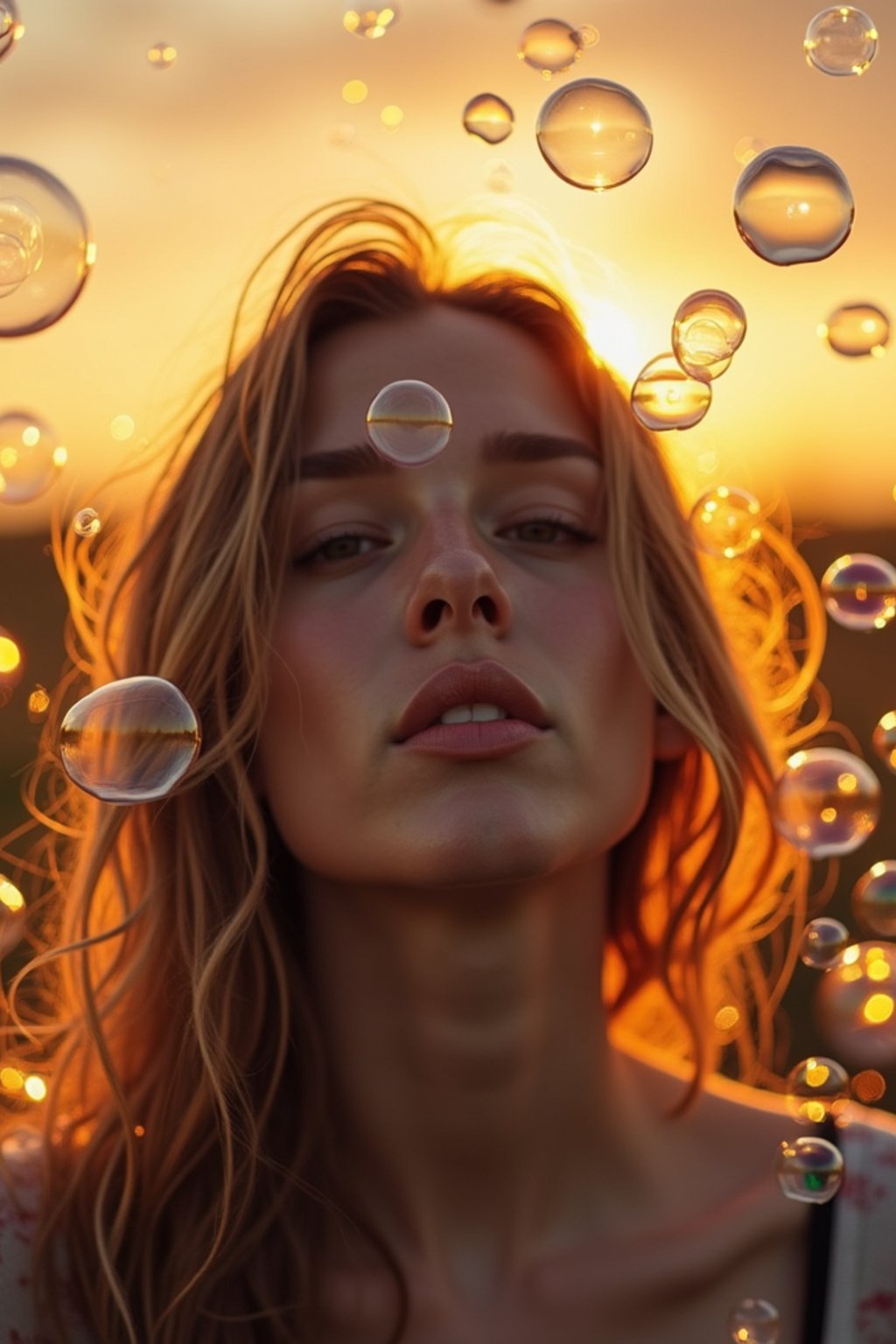 man blowing bubbles. all around her are floating bubbles. many bubbles floating. the bubbles reflect her face. it is golden hour at sunset.