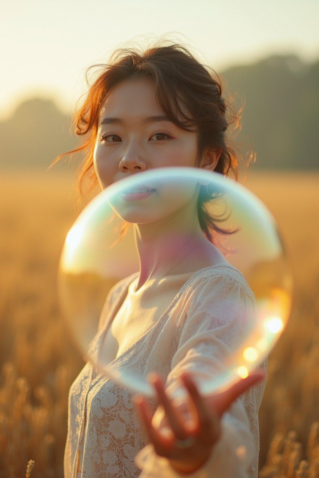 woman holding a giant soap bubble in a sunlit field