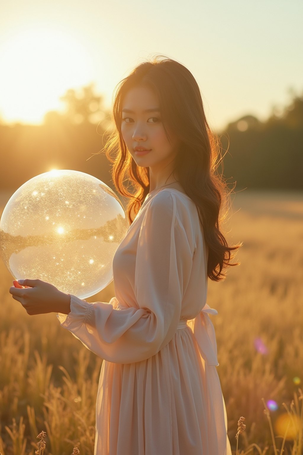 woman holding a giant soap bubble in a sunlit field