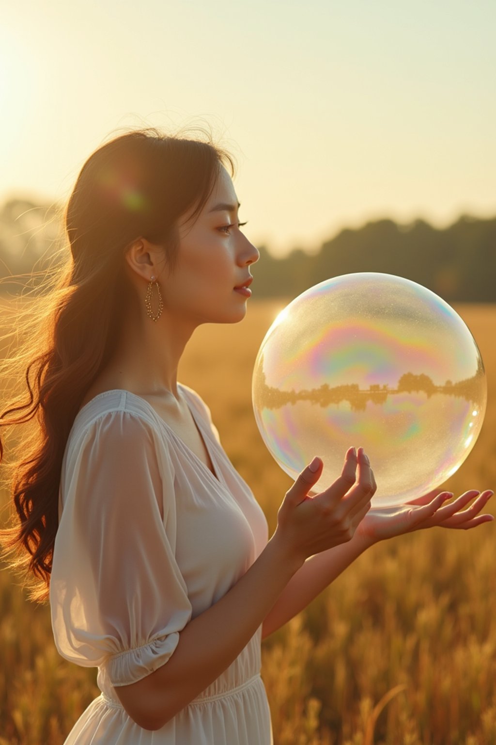 woman holding a giant soap bubble in a sunlit field