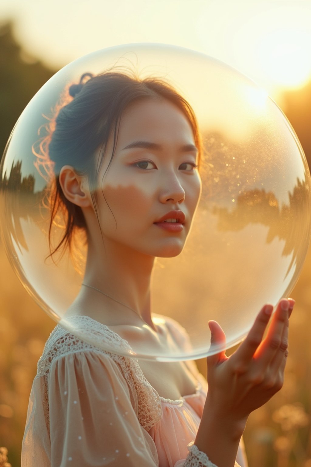 woman holding a giant soap bubble in a sunlit field