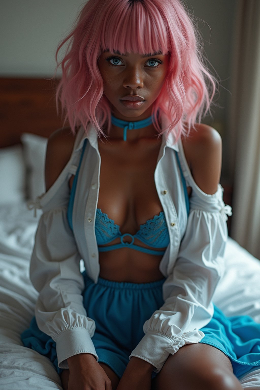 lingerie woman reflections, lingerie, extremely detailed, lingerie, 1girl, solo, medium hair, (pink hair), shirt, skirt, detailed clothes, blue skirt, blue shirt, detached sleeves, white shirt, bangs, (blue eyes, detailed eyes), choker, ribbon earrings, detached sleeves, looking at the viewer, from below,, wait, bedroom