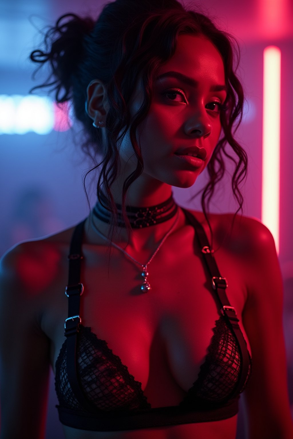 woman wearing (sexy nightlife lingerie club outfit mad max suspenders) with (black suspenders garter straps) in night club neon lights