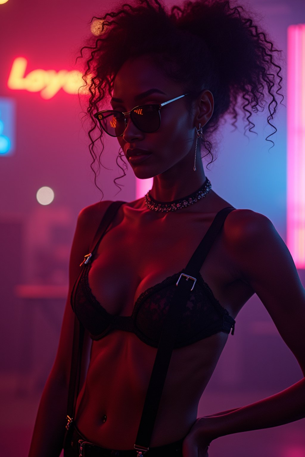 woman wearing (sexy nightlife lingerie club outfit mad max suspenders) with (black suspenders garter straps) in night club neon lights