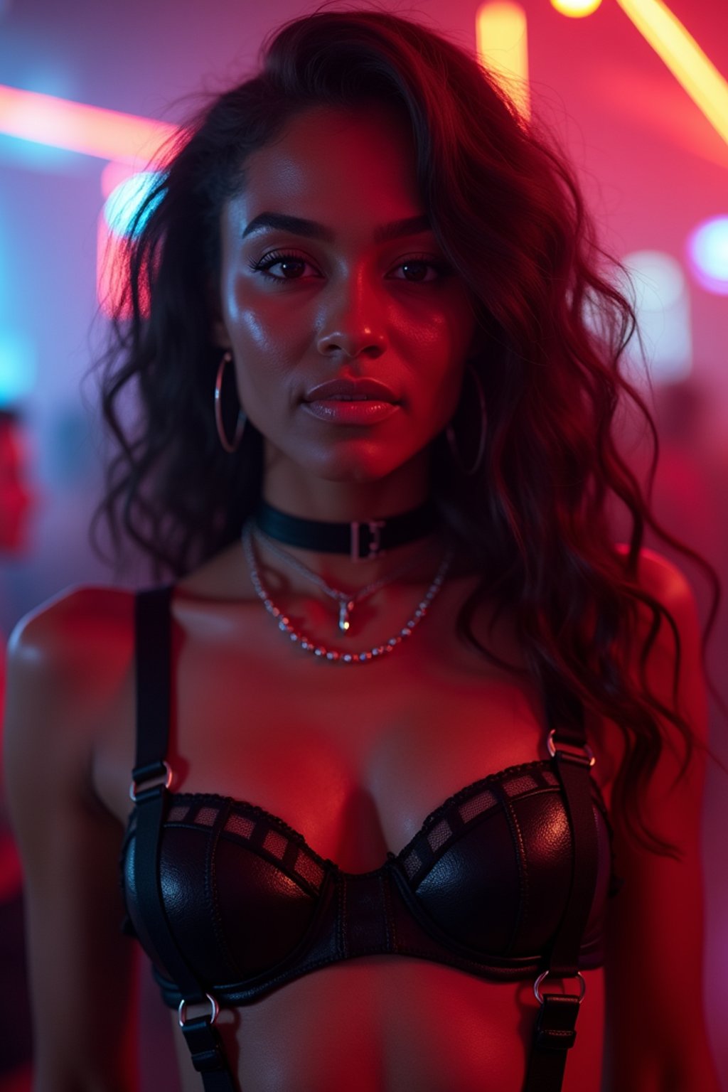 woman wearing (sexy nightlife lingerie club outfit mad max suspenders) with (black suspenders garter straps) in night club neon lights