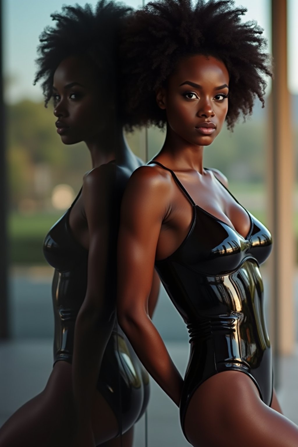 woman leaning against a reflective surface, wearing a glossy, skin-tight bodysuit that mirrors the surroundings