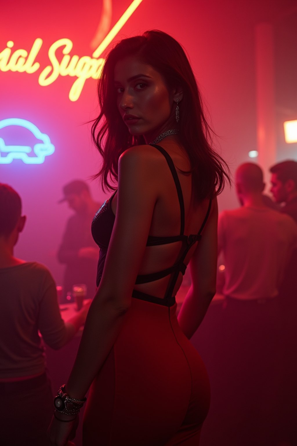 woman wearing (red bodycon dress) with (black suspenders garter straps)  in night club neon lights