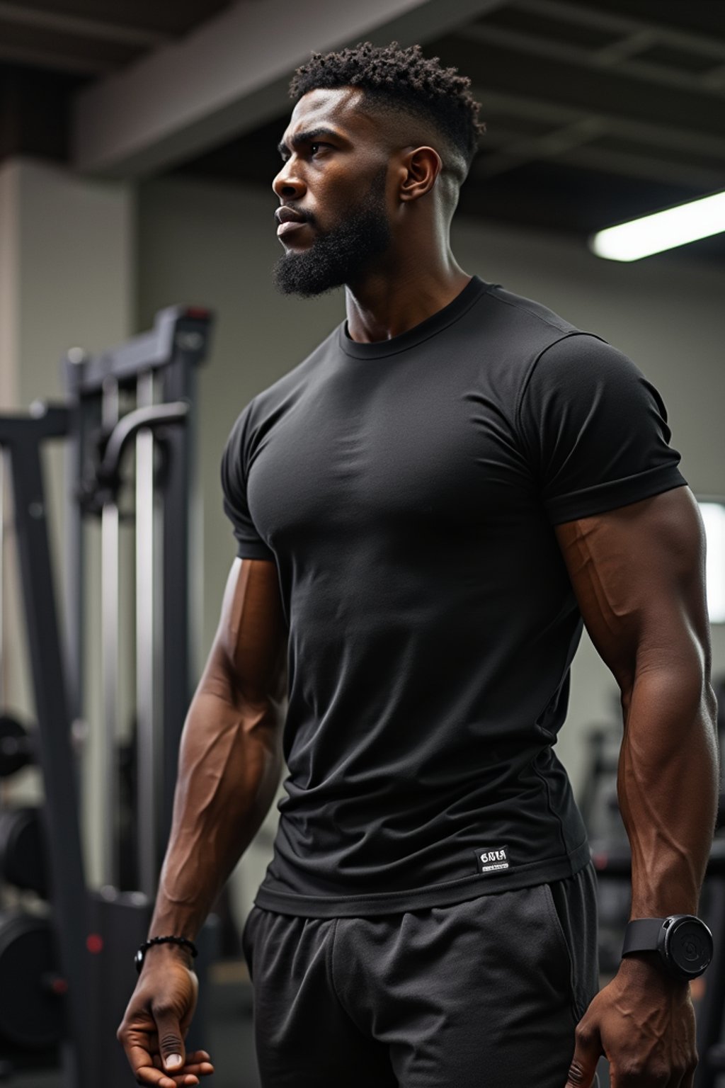 masculine  man in the gym wearing t-shirt and gym shorts