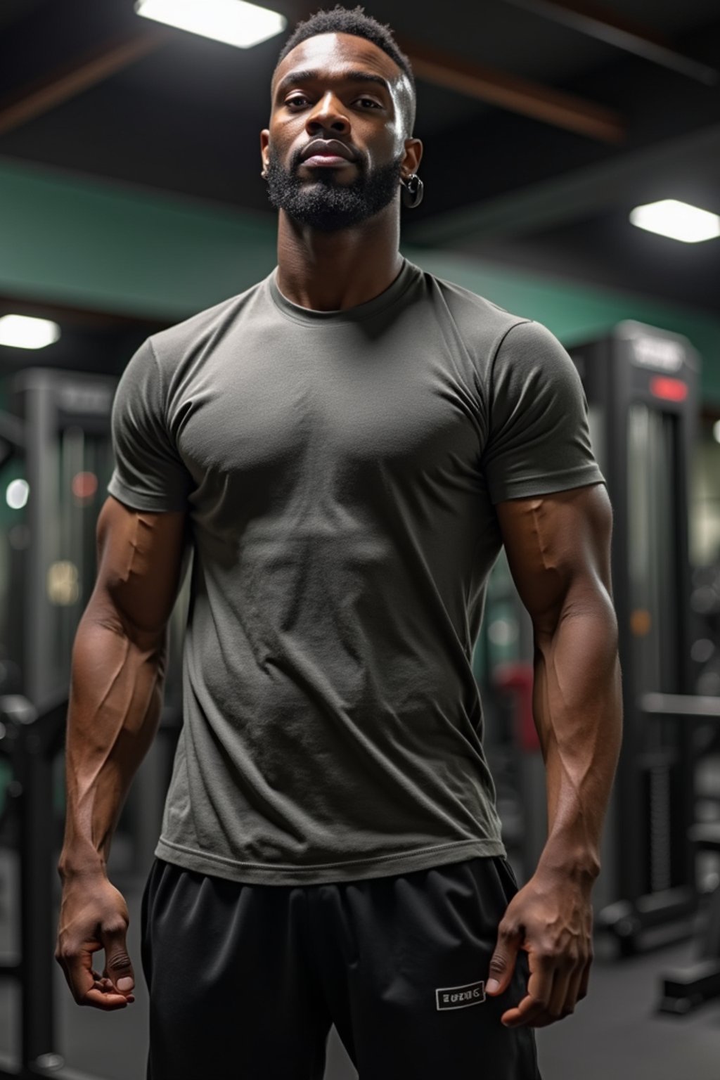 masculine  man in the gym wearing t-shirt and gym shorts