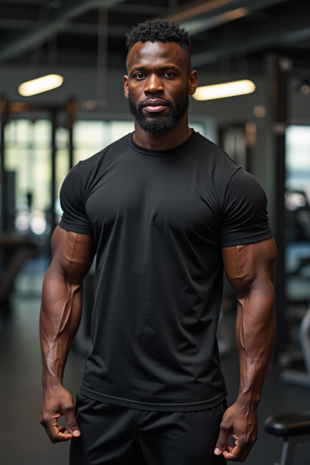 masculine  man in the gym wearing t-shirt and gym shorts