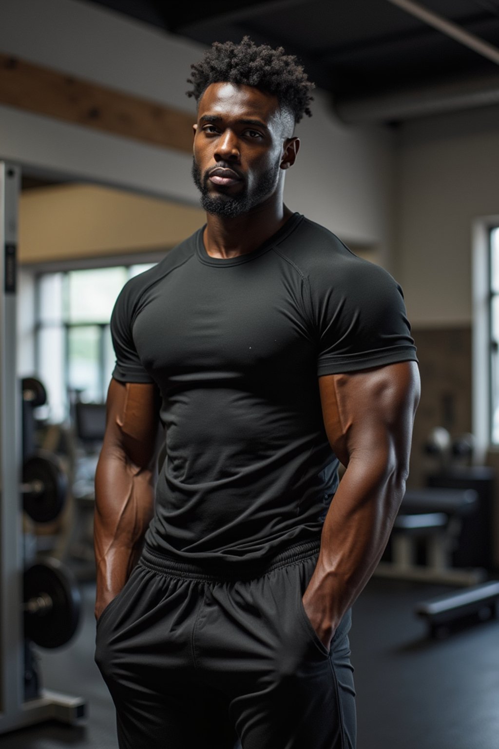 masculine  man in the gym wearing t-shirt and gym shorts