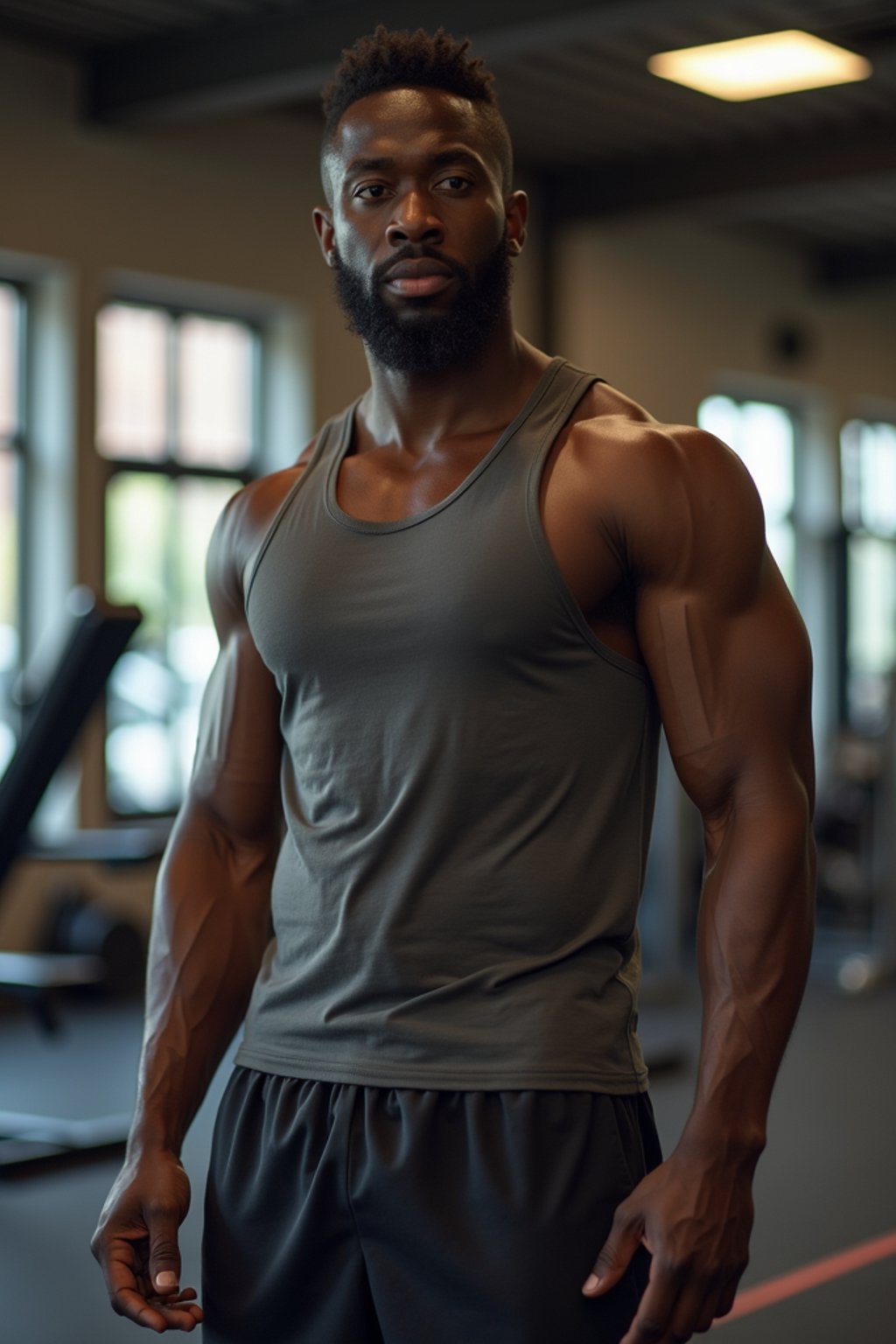 masculine  man in the gym wearing t-shirt and gym shorts