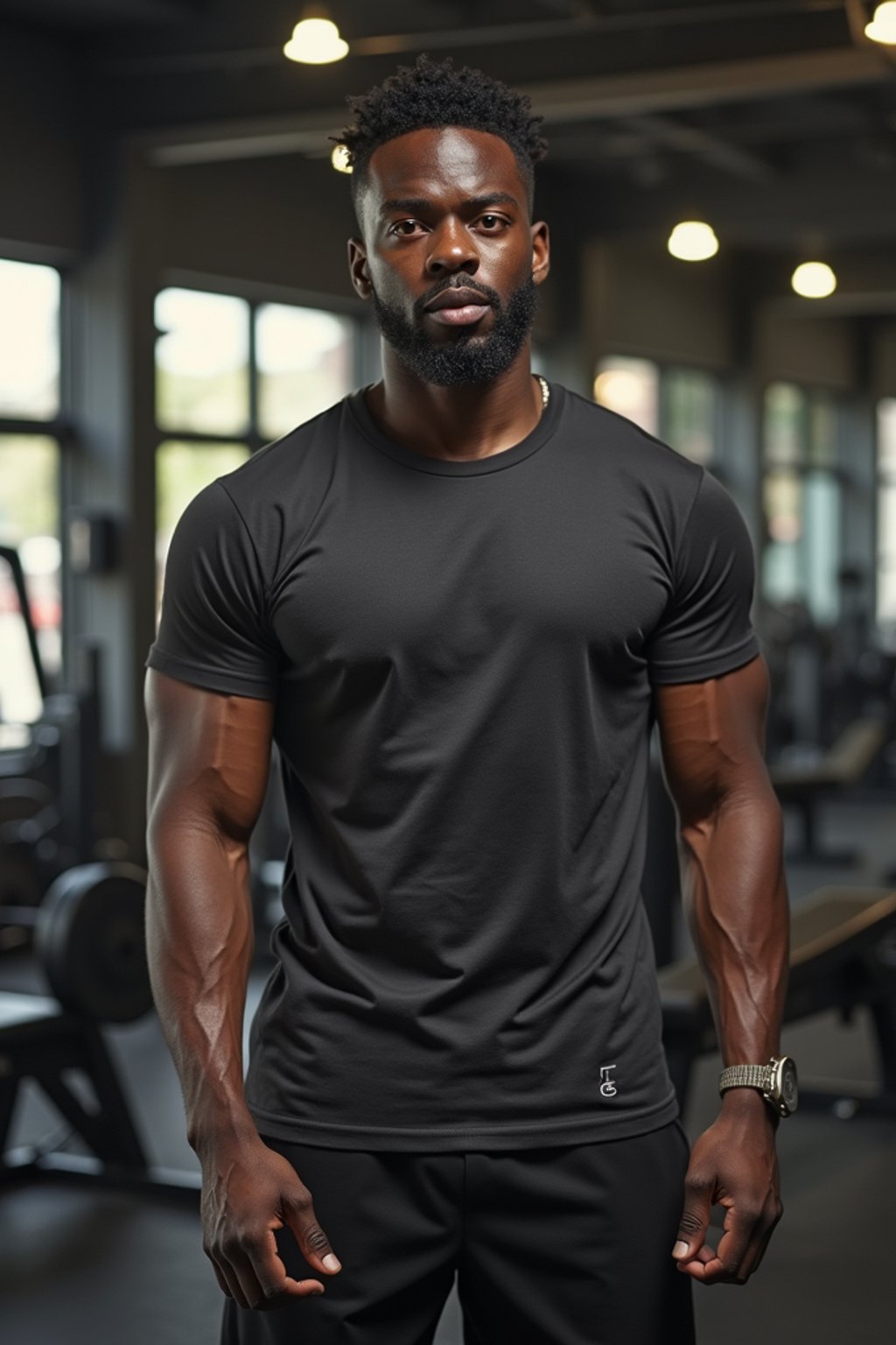 masculine  man in the gym wearing t-shirt and gym shorts