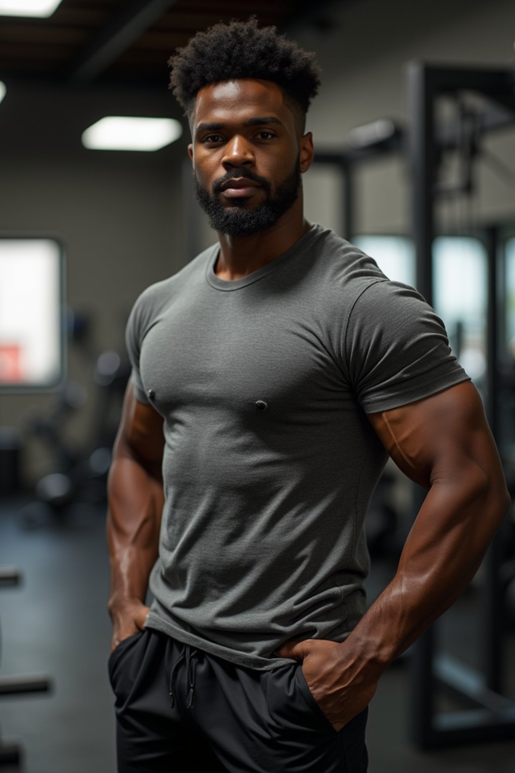 masculine  man in the gym wearing t-shirt and gym shorts